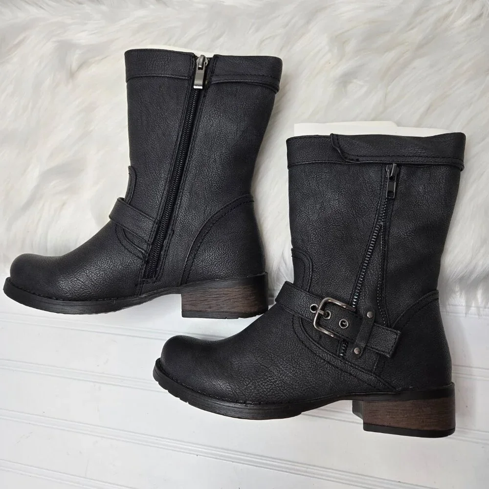 Luichiny Black Vegan Leather Moto Boots Women's "Mara Beth" Size 6 New In Box - Picture 3 of 10